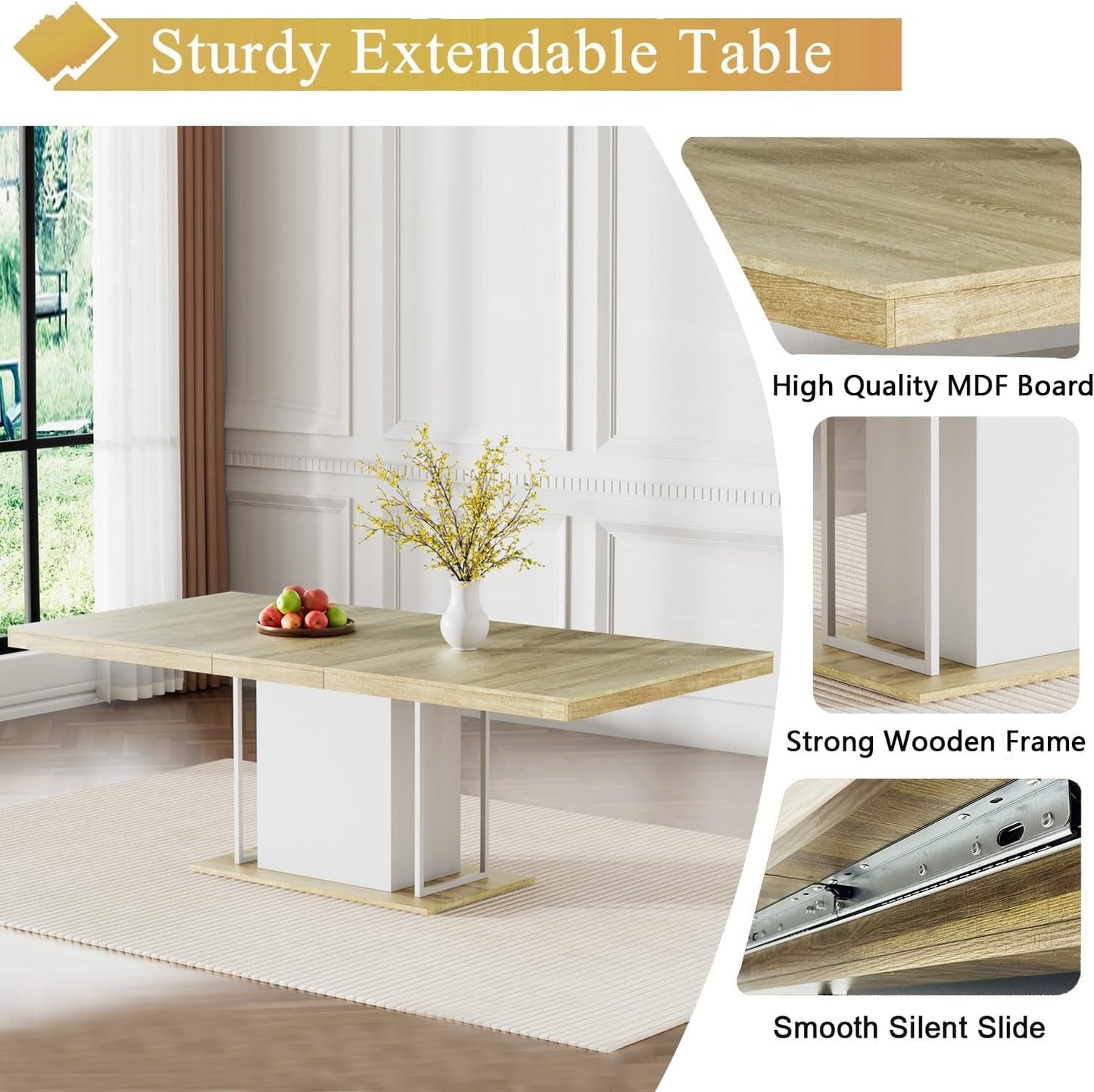 Extendable Dining Room Table Set for 8, 9-Piece Rectangle Kitchen Dining Room Table Set with Wood Base and 8 Blue Velvet Dining Chairs, Extending Kitchen & Dining Table Set