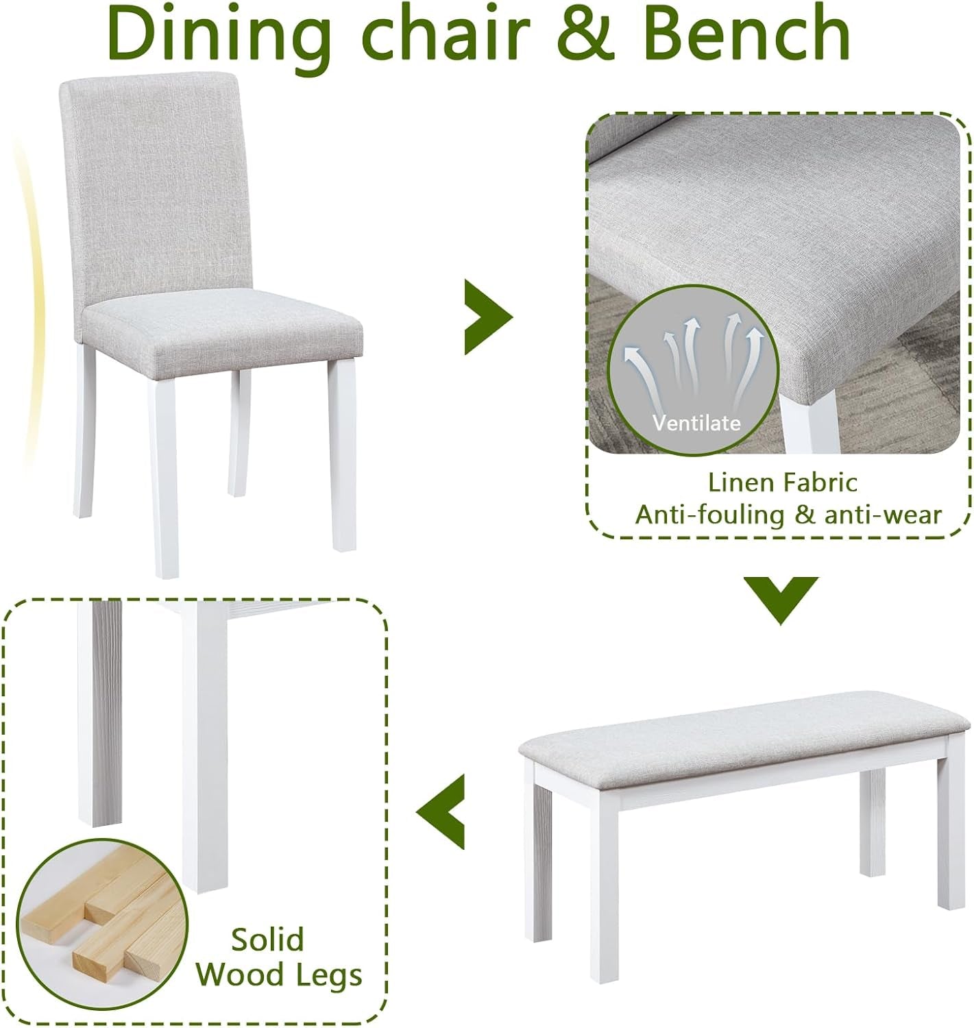 6 Piece Solid Wood Dining Set, Farmhouse Kitchen Table Set with 4 Upholstered Chairs & Bench for Kitchen, Dining Room, White