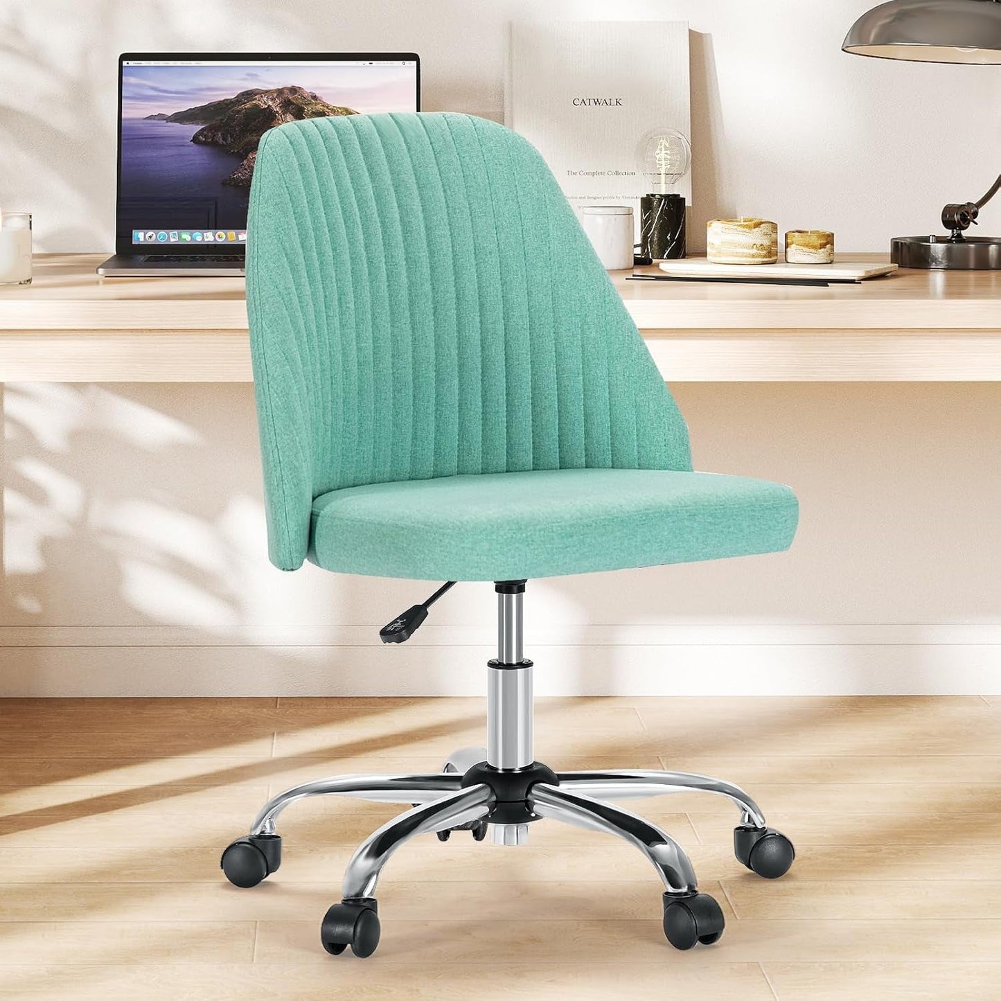 Office Chair - Armless Vanity Chair, Cute Comfy Home Office Desk Chair with Wheels, Modern Upholstered Task Computer Seat for Bedroom, Study, Makeup Vanity, Height Adjustable & Swivel, Mint