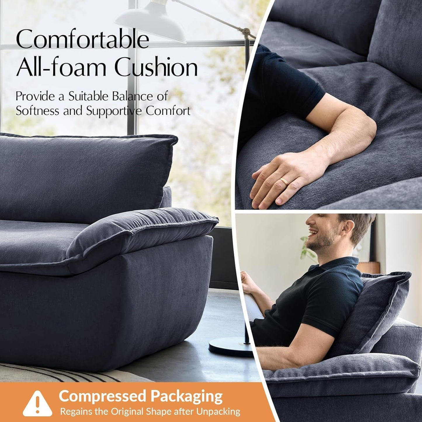 89" Oversized Boneless Couch, 3 Seater Compressed Foam Sofa with Deep Seat, Comfy Cloud Couch with Removable Seat and Back Cushions, No Assembly Required, Navy