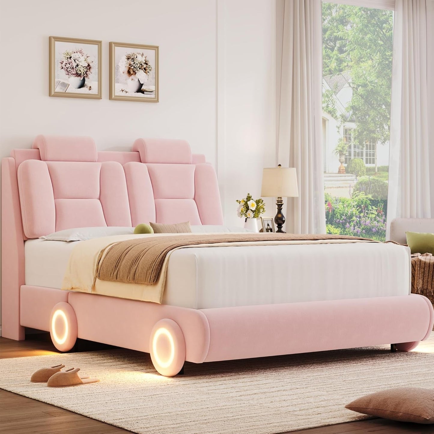 Queen Led Car Bed Frame with Wheels Decor & Adjustable Curved Headboard Modern Upholstered Platform Bed with Detachable Pillows Solid Wooden Slats Support No Box Spring Needed, Velvet Pink