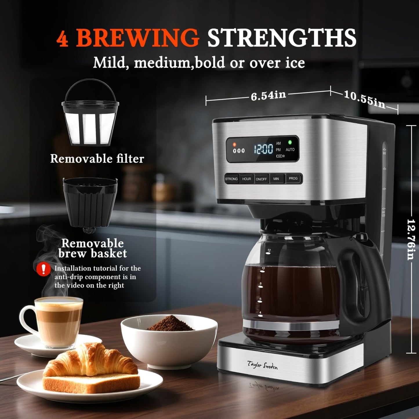 Programmable Coffee Makers 12 Cup, Hot and Iced Coffee Maker, 4 Brew Strength, LED Display, 24H Timer, Keep Warm&Auto Shutoff- Drip Coffee Machine for Home/Office, Black &Stainless Steel