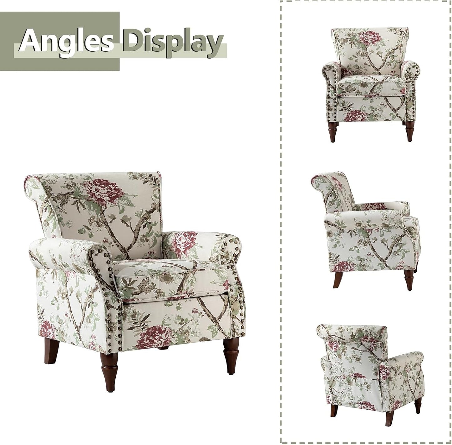 Modern Wingback Accent Chair with Wood Legs & Removable Cushion, Comfy Upholstered Armchair with Nailhead Trim, Floral Pattern Sofa Chair for Bedroom Living Room, Floral