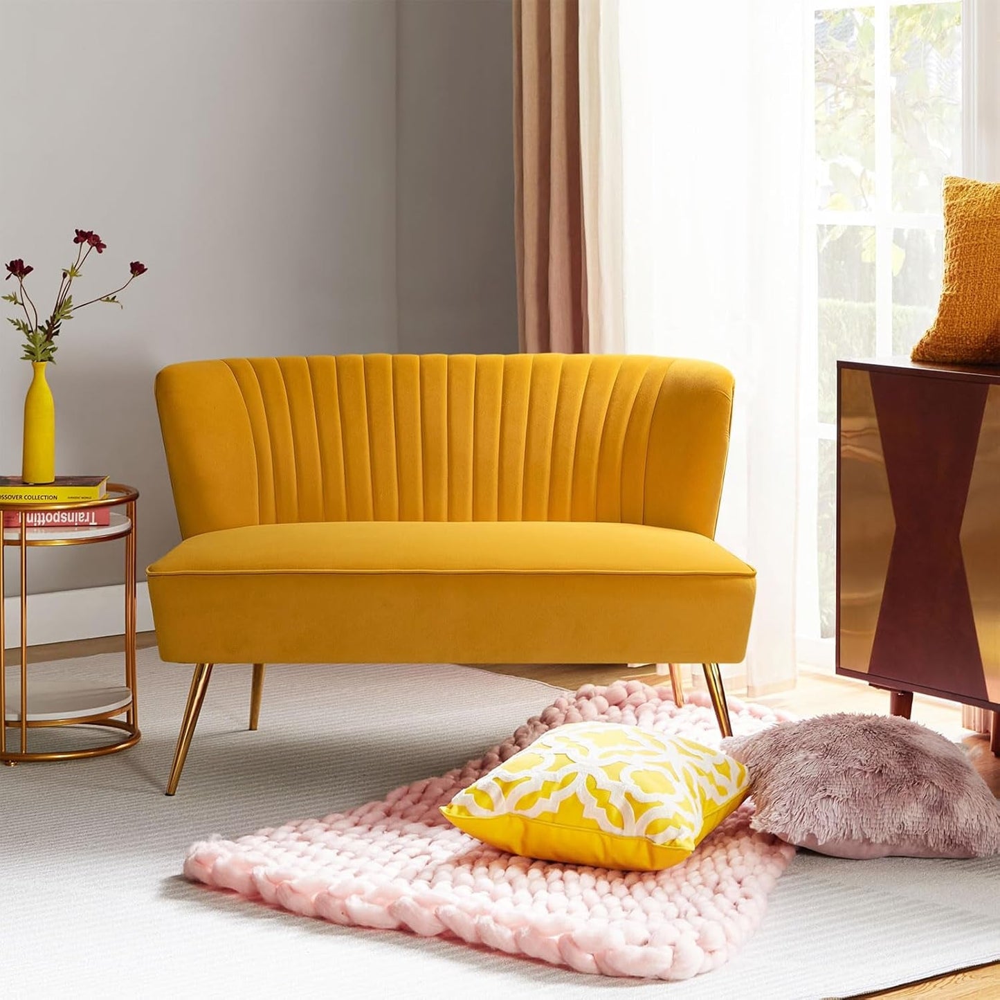 Velvet Loveseat Sofa with Gold Legs, Mid-Century Modern Upholstered Love Seat Couch, Tufted Small 2-Seat Sofa Armless for Living Room, Bedroom, Apartment Small Spaces, Mustard