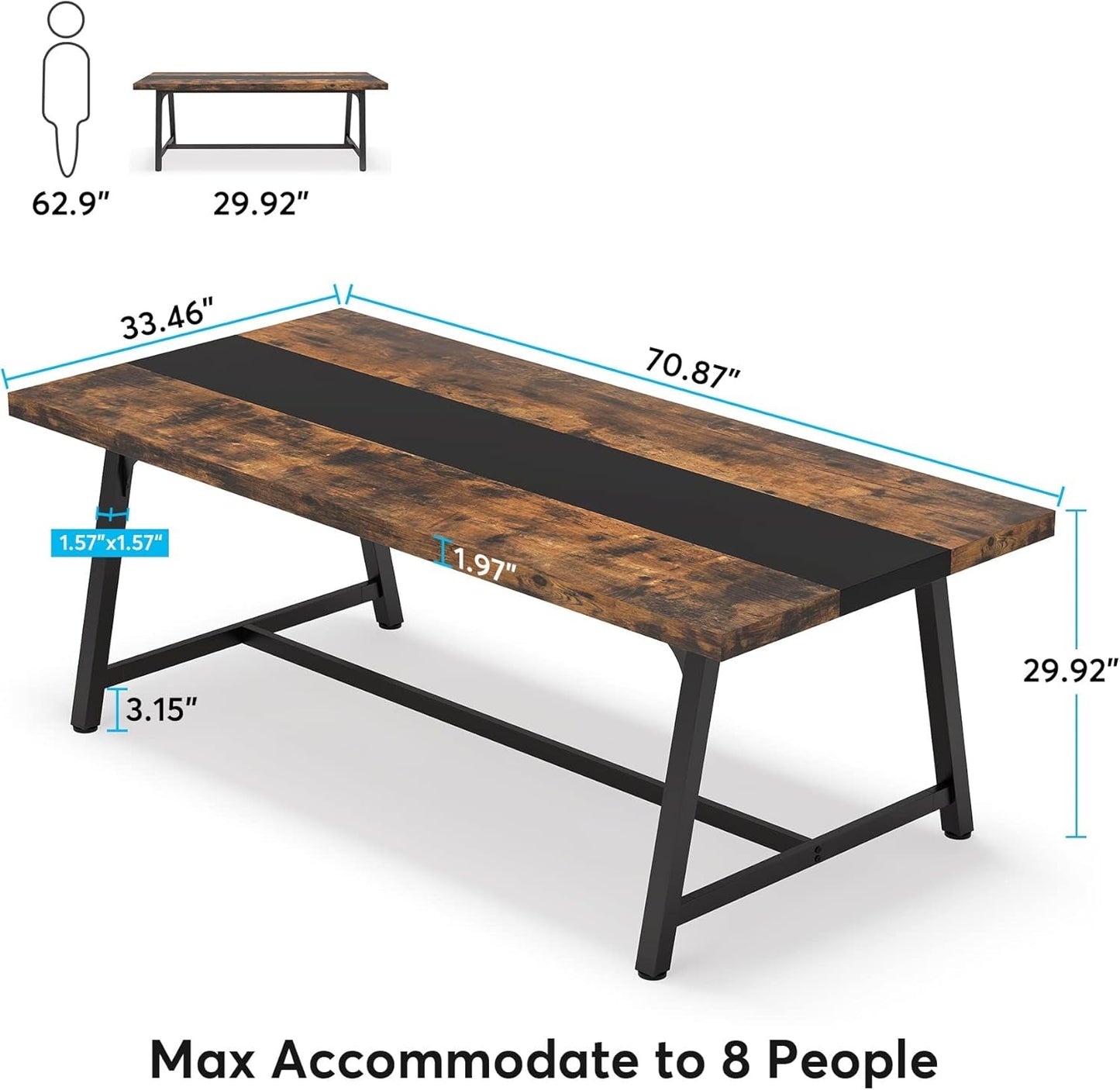 Dining Table for 8 People, 70.87-Inch Rectangular Wood Kitchen Table with Strong Metal Frame, Industrial Large Long Dining Room Table for Big Family (Rustic Brown)