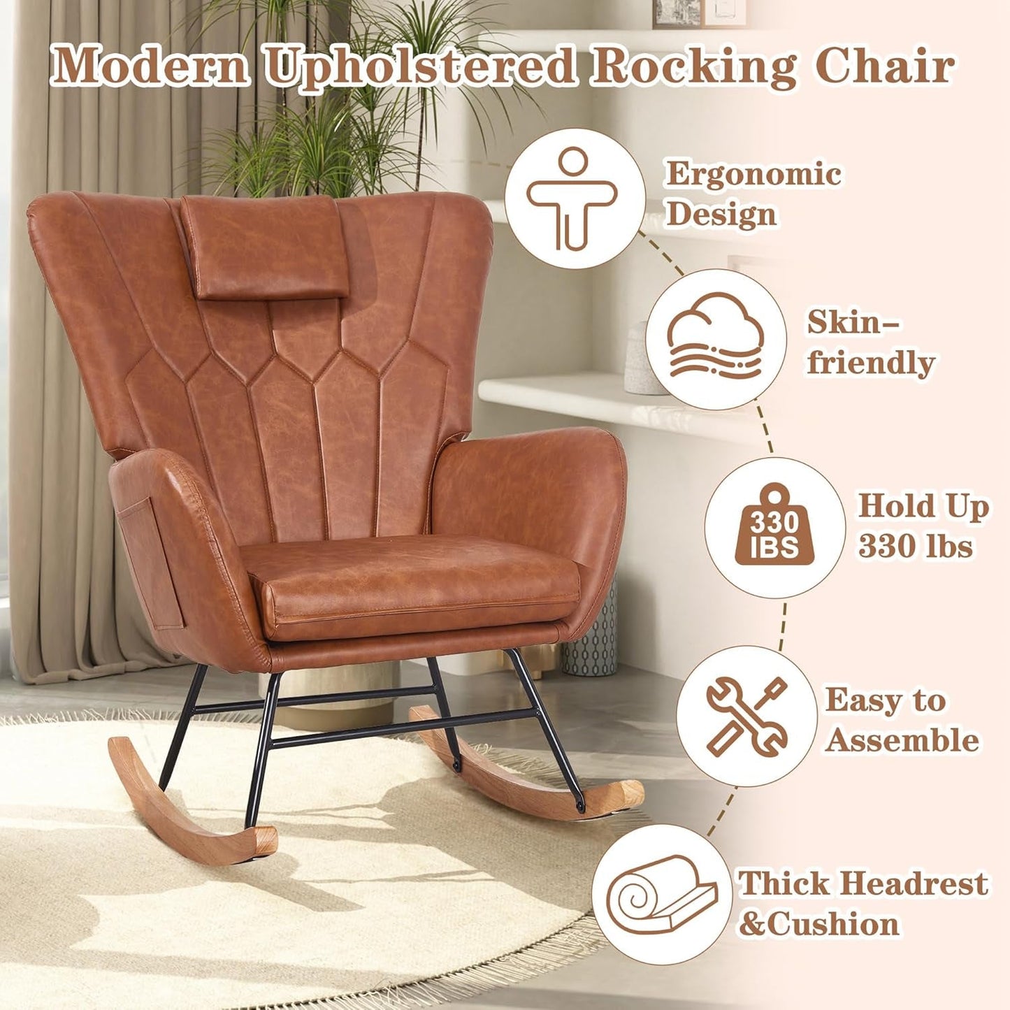 Rocking Chair Nursery with Thick Headrest, Modern PU Upholstered Reading Glider Rocker Accent Armchair with High Backrest, Padded Seat, Side Pocket, for Livingroom, Bedroom, Baby Room, Brown
