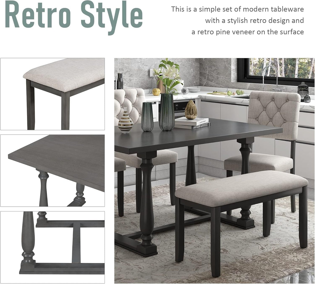 6 Piece Kitchen Dining Table Set, Wooden Rectangular Dining Table with Upholstered Bench and 4 Chairs, Dining Room Table Set for 6 People, Living Room Furniture (Gray, Beige Cushions)