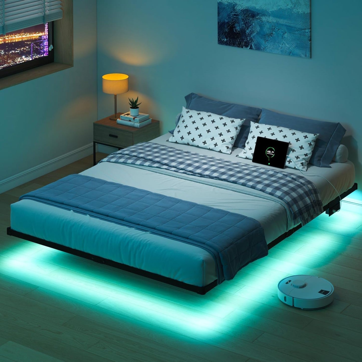 Floating Bed Frame Full with LED Lights and Charging Station - 8 Inch Platform Bed Frame No Box Spring Needed, Easy Assembly