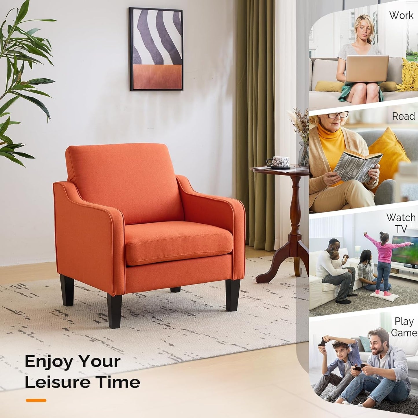 Burnt Orange Mid Century Modern Accent Chair for Living Room & Bedroom, Scooped Arm, Upholstered Comfy Chair for Apartment, Waiting Room