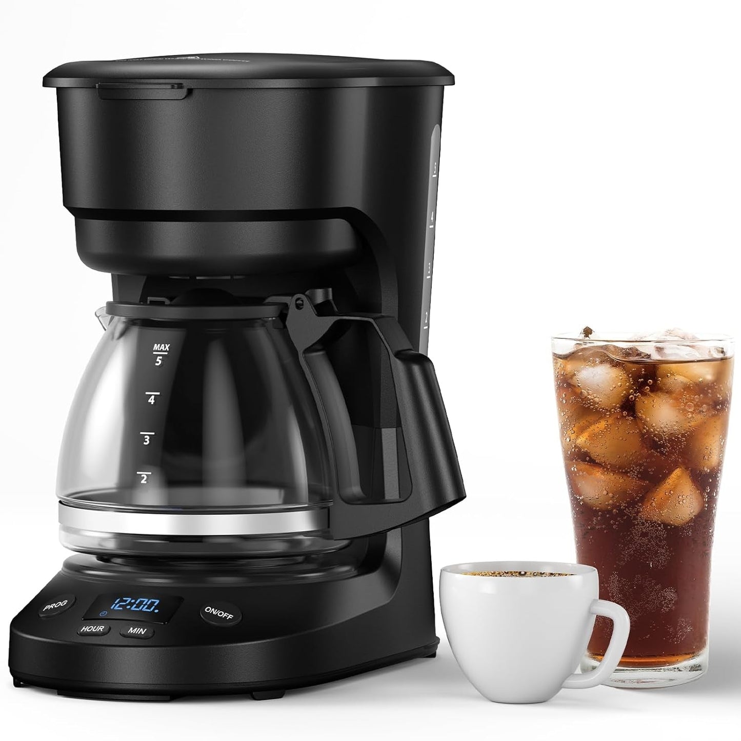 Compact 5-Cup Programmable Drip Coffee Maker — the Essential Coffee Machine with Digital Clock, 24-Hour Timer, Auto Shut-Off, and a Removable Filter Basket for Home & Office.