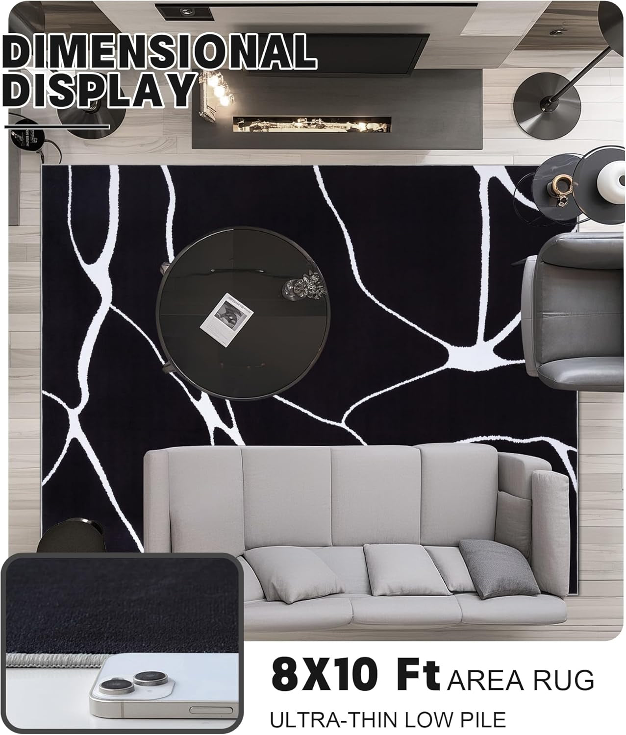 Modern Washable Area Rug for Living Room Bedroom - Large Abstract Black and White Rug Non-Slip Ultra-Thin Home Decor (Dark Warping, 8'X10'Ft)