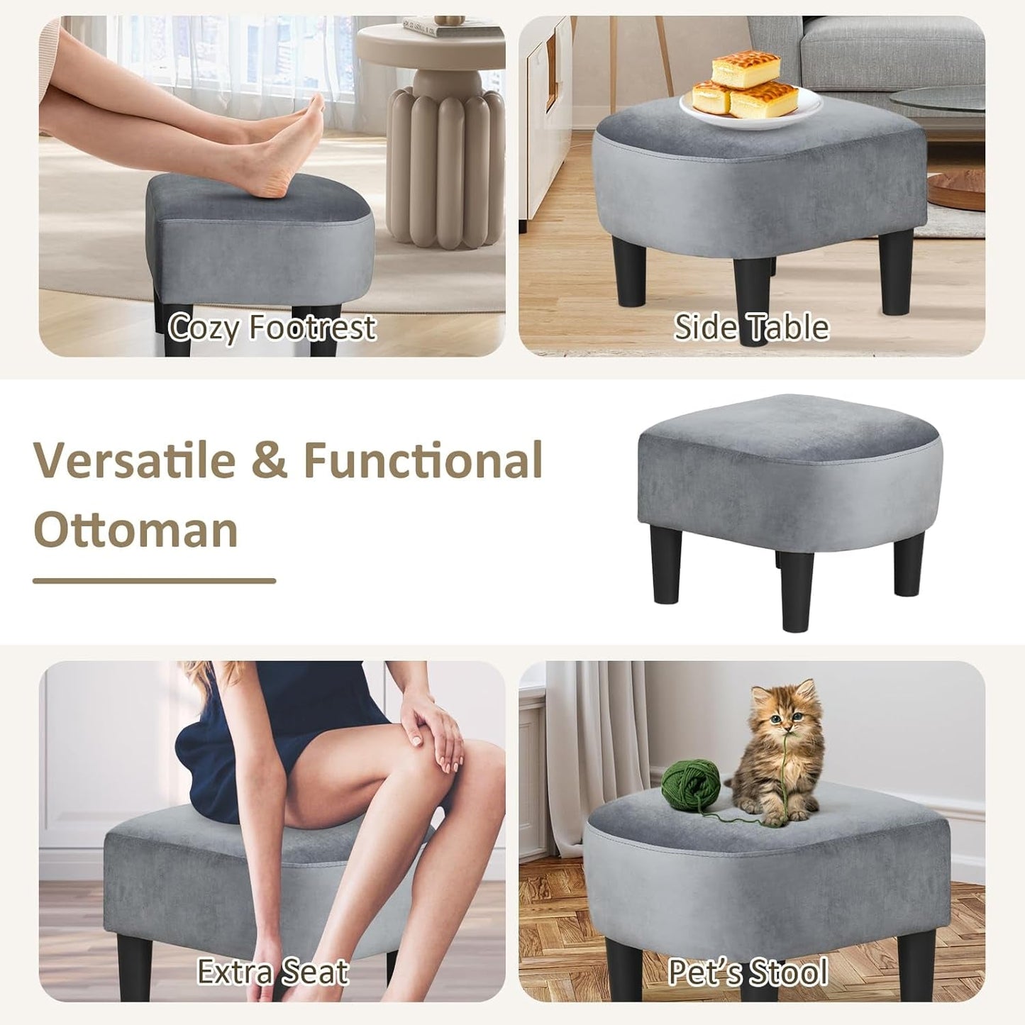 Accent Chair with Ottoman, Upholstered Velvet Club Barrel Reading Chair with Footrest Modern Comfy round Barrel Chairs for Bedroom, Living Room, Small Reading Spaces (1, Grey)