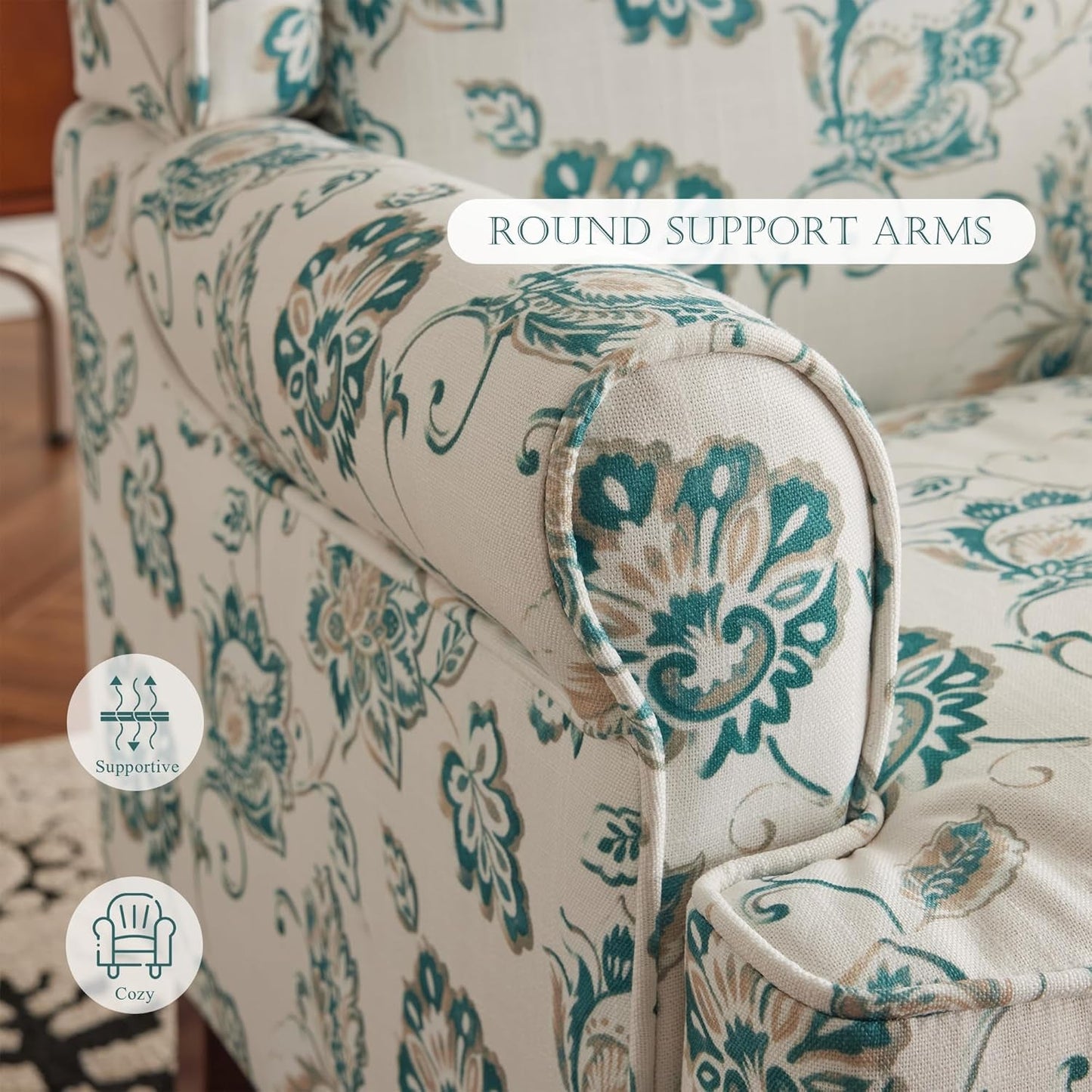 Floral Accent Chair, High Back Upholstered Armchair with Solid Legs, Leisure Single Sofa Chair for Living Room, Bedroom, Home Office, Light Cyan Floral