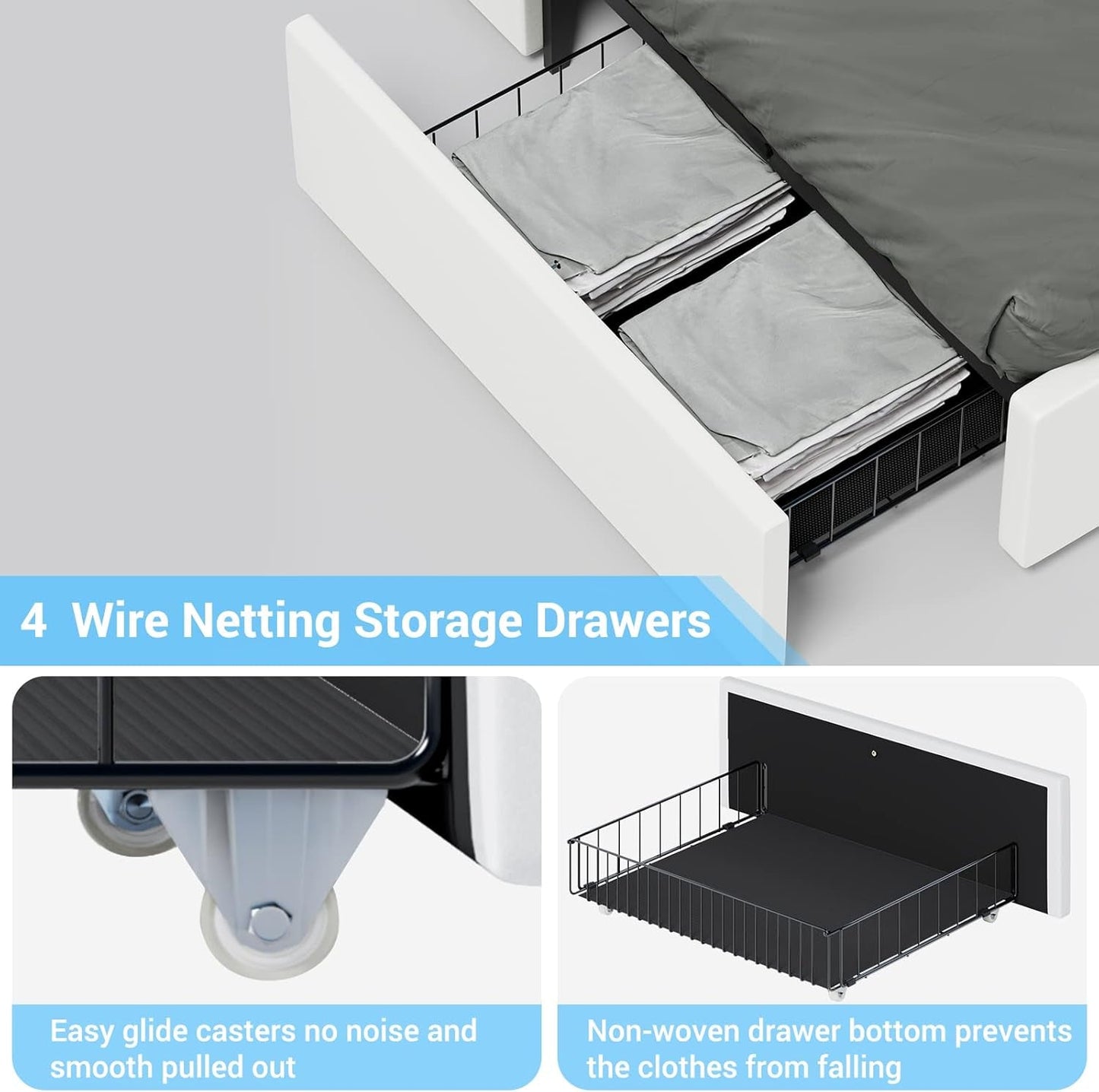 Queen Bed Frame with 4 Storage Drawers and LED Lights, Faux Leather Upholstered Platform Bed Frame Queen Size with USB Ports & Adjustable LED Headboard, No Box Spring Needed, Noise Free, White