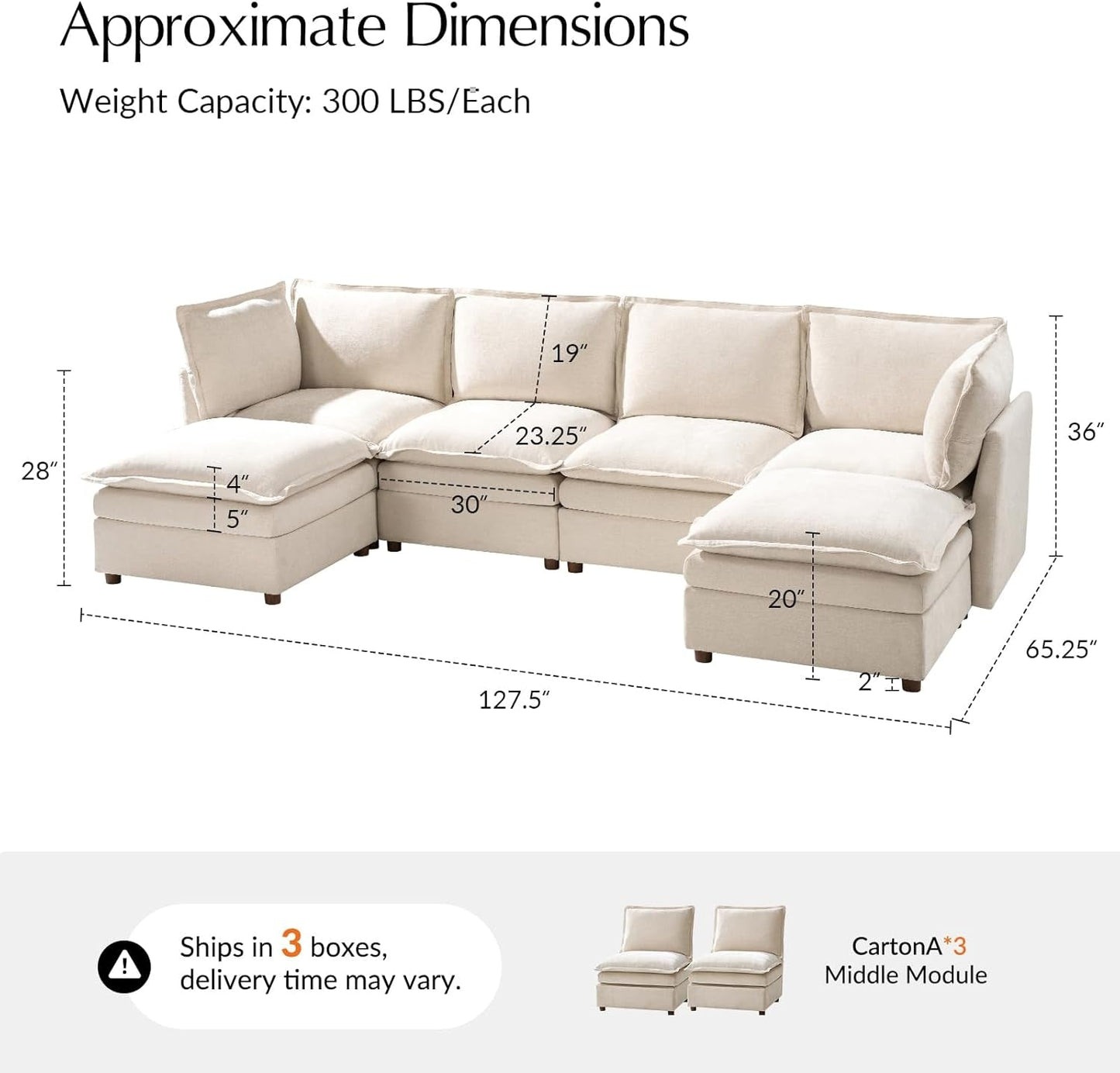 128'' Oversized Modular Sectional Sofa with Dual-Layered Cushions, U Shaped 6 Seater Couch with Storage Ottoman and Removable Cover, Modern Deep Seat Cloud Couch for Living Room, Beige