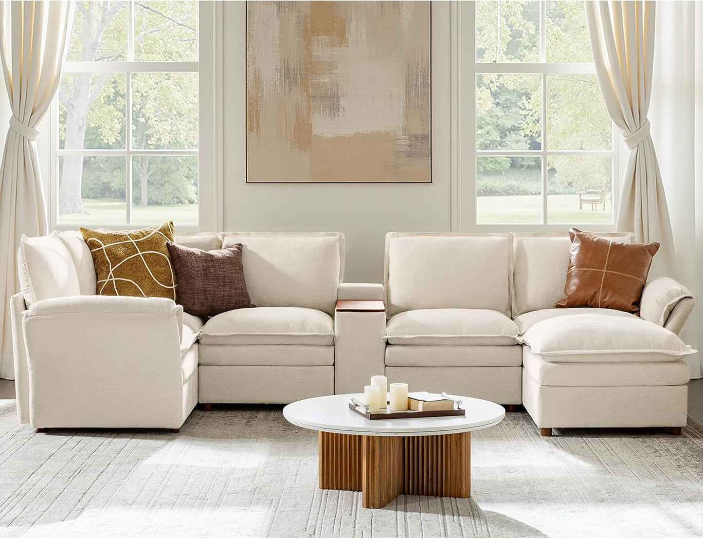 Oversized Modular Sectional Sofa with Central Console and USB Port, 6 Seater U Shaped Couch with Storage Ottoman and Dual-Layered Cushions, Modern Cloud Couch for Living Room, Beige