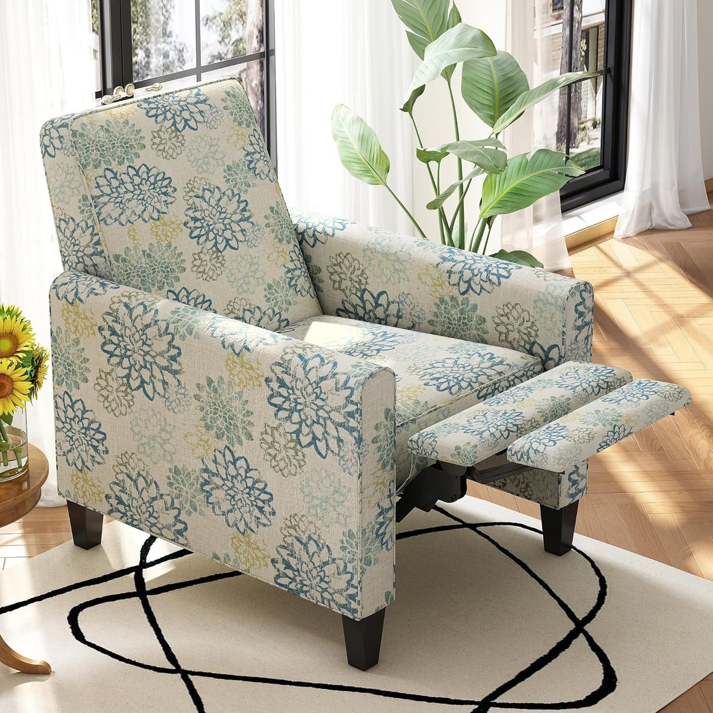 Kenley Modern Fabric Upholstered Push Back Recliner Chair, Wooden Gliding Home Theater Seating, Comfy Reading Chair, Deep Seating Single Sofa Accent Chair, Mixed Blue