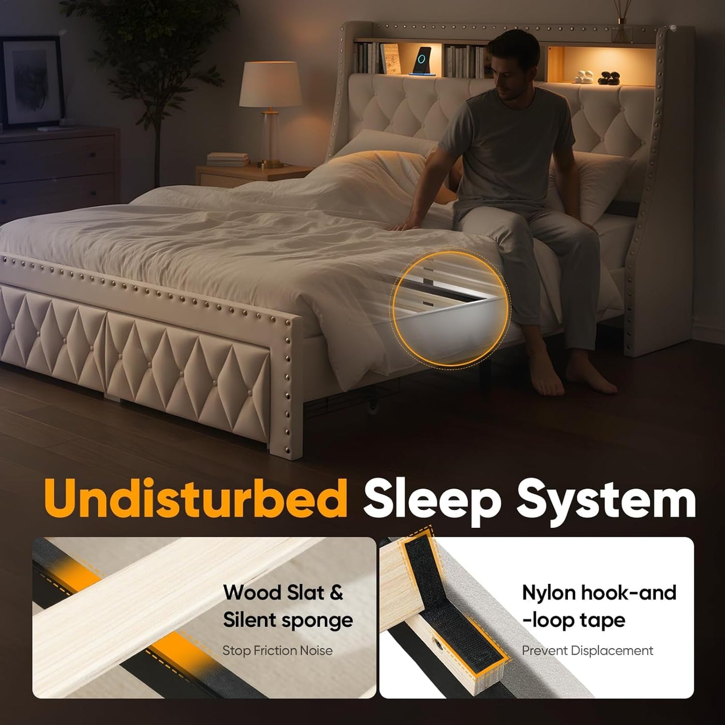 1000Lbs Heavy Duty Queen Size Bed Frame with 3-Tier Storage, Tall Wingback Headboard Upholstered Velvet Modern Platform Bed with Charging Station, No Box Spring Needed