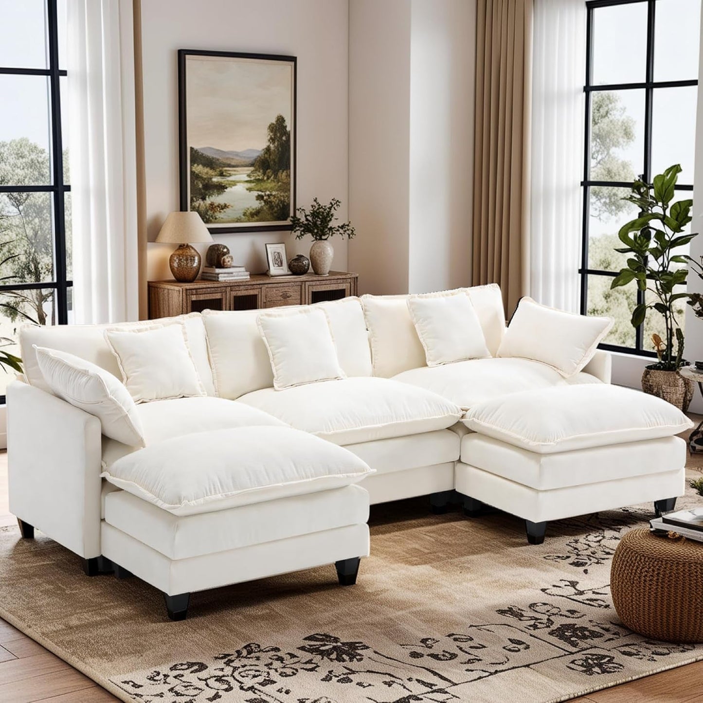 Modular Sectional Sofa,U Shaped Couch for Living Room,Modern Deep Seat Sofa 3 Seater Chenille Fabric Comfy Cloud Couches with Throw Pillows & Movable Ottoman