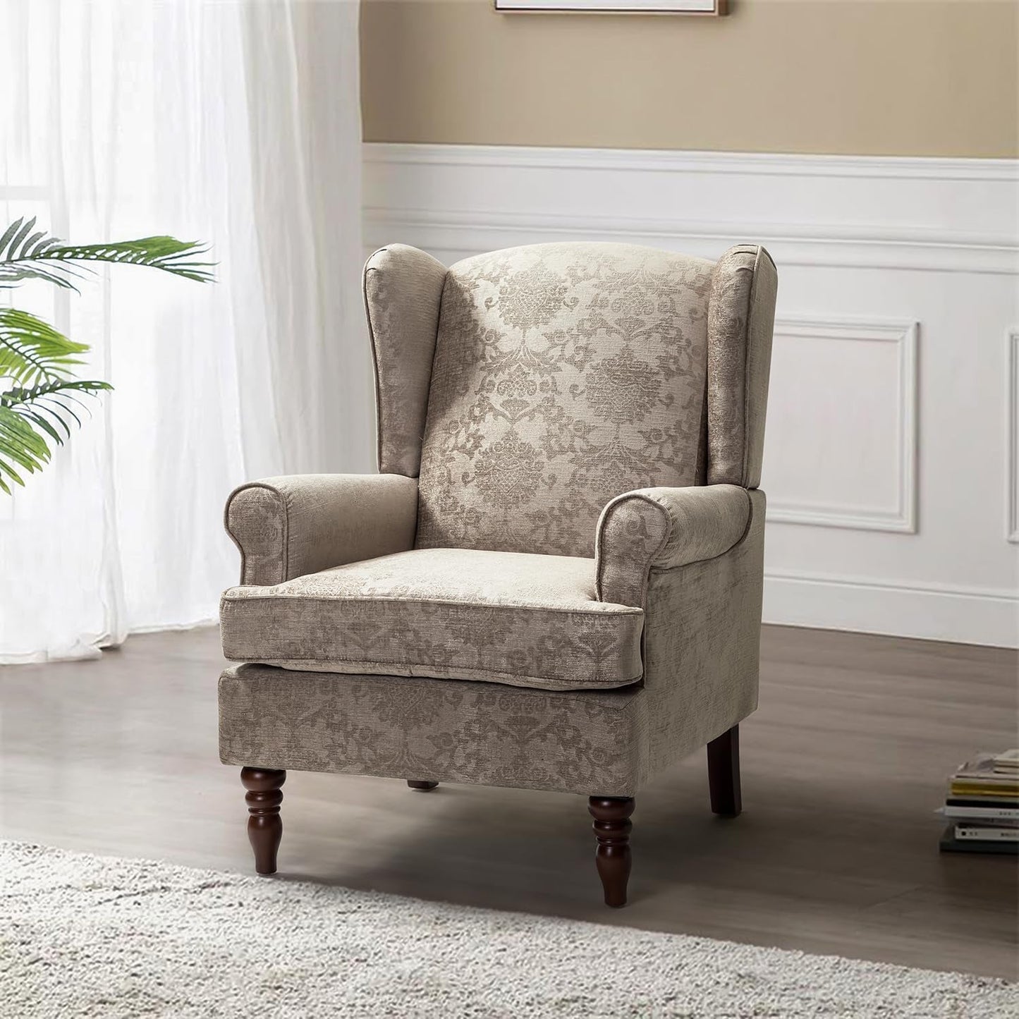 Wingback Accent Chair with Retro Wood Legs, Traditional Fabric Armchair for Living Room Bedroom, Comfy Upholstered Single Sofa Chair Reading Chair with Unique Pattern Design, Brocade
