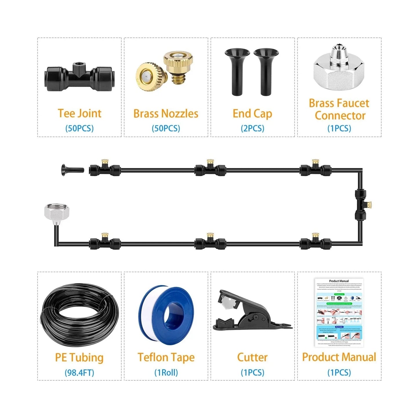 Misting Cooling System 98.4FT (30M) Misting Line + 50 Brass Mist Nozzles + 45 T-Connectors + 1 Faucet Adapters (3/4") Outdoor Mister for Patio Garden Greenhouse Trampoline for Waterpark