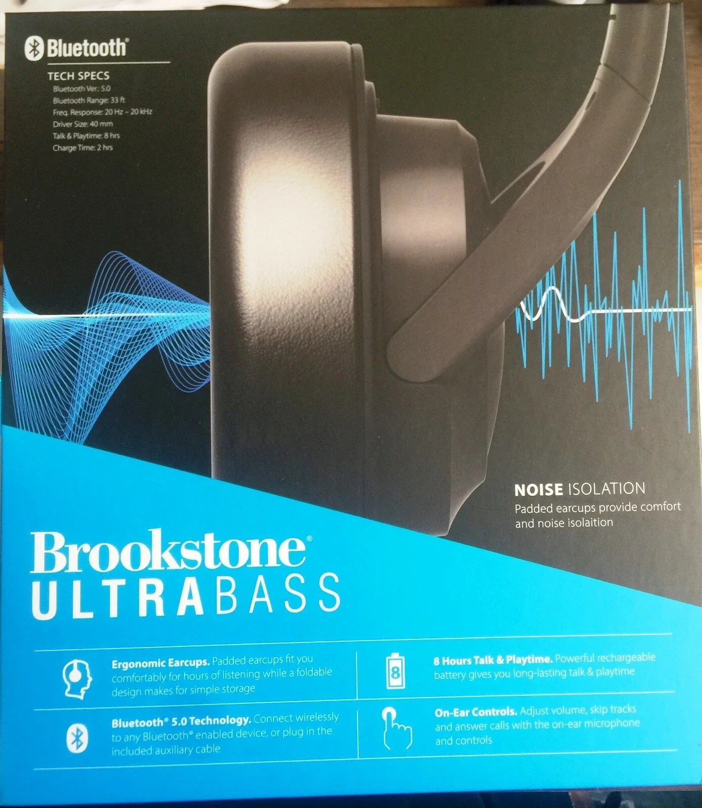 Brookstone UltraBass Wireless Bluetooth 5.0 Noise Isolating Headphones NIB
